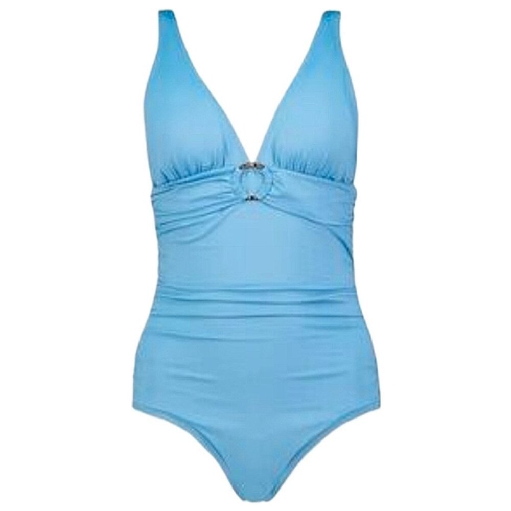 Michael Kors One Piece Swimsuit Solid Plunge Vneck Logo Ruched Tummy Control